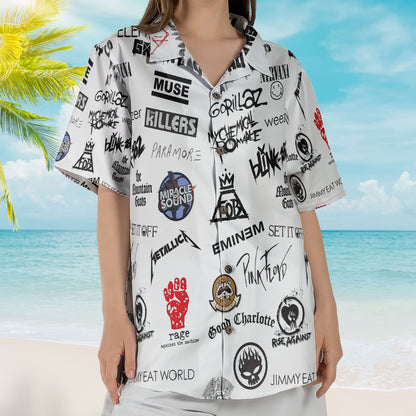 Rock Band Logo Collage Hawaiian Shirt – Unisex Retro White Blink-182 Pink Floyd Eminem Summer Button Up