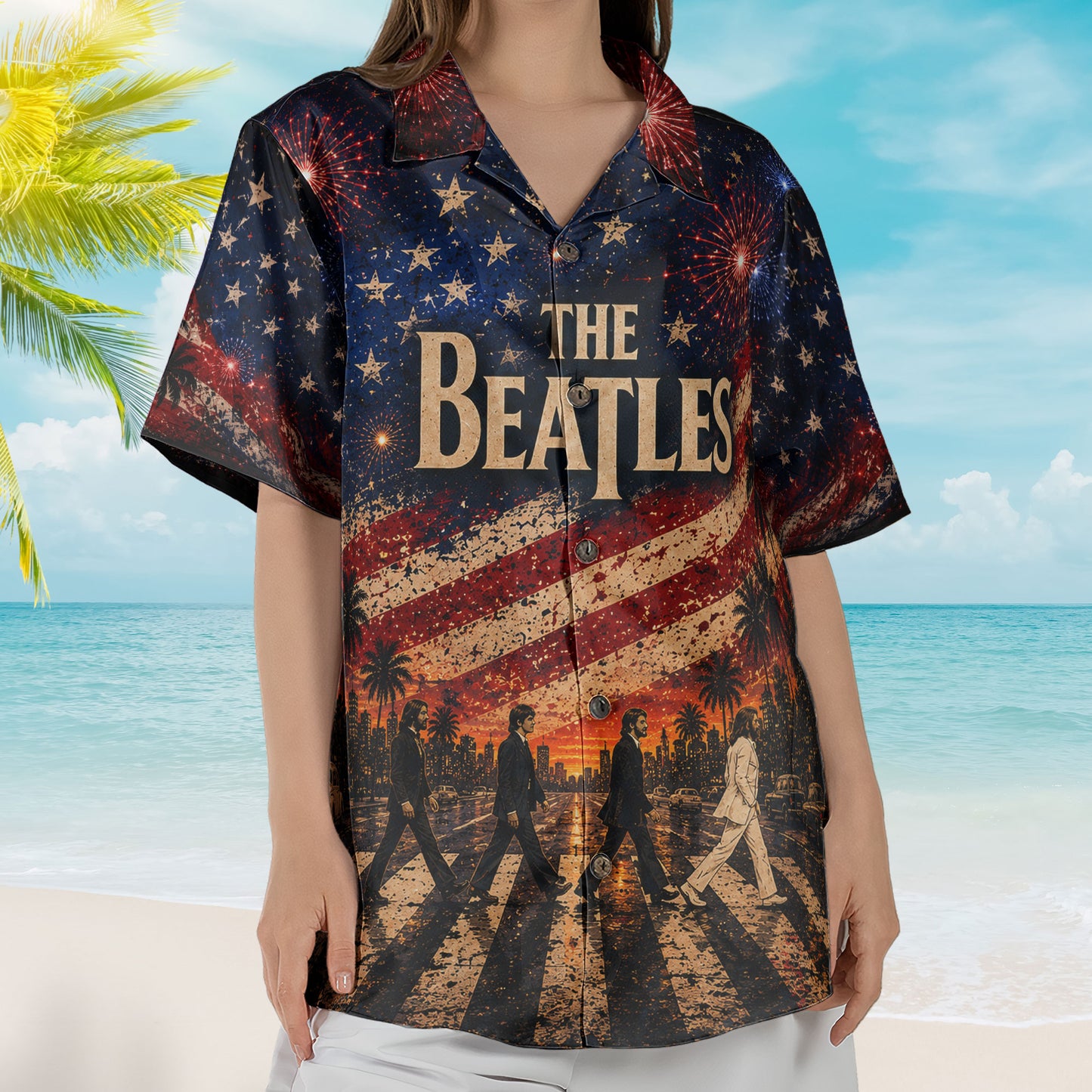 The Beatles Hawaiian Shirt - Unisex Retro American Flag Vintage Patriotic Stars Button Up