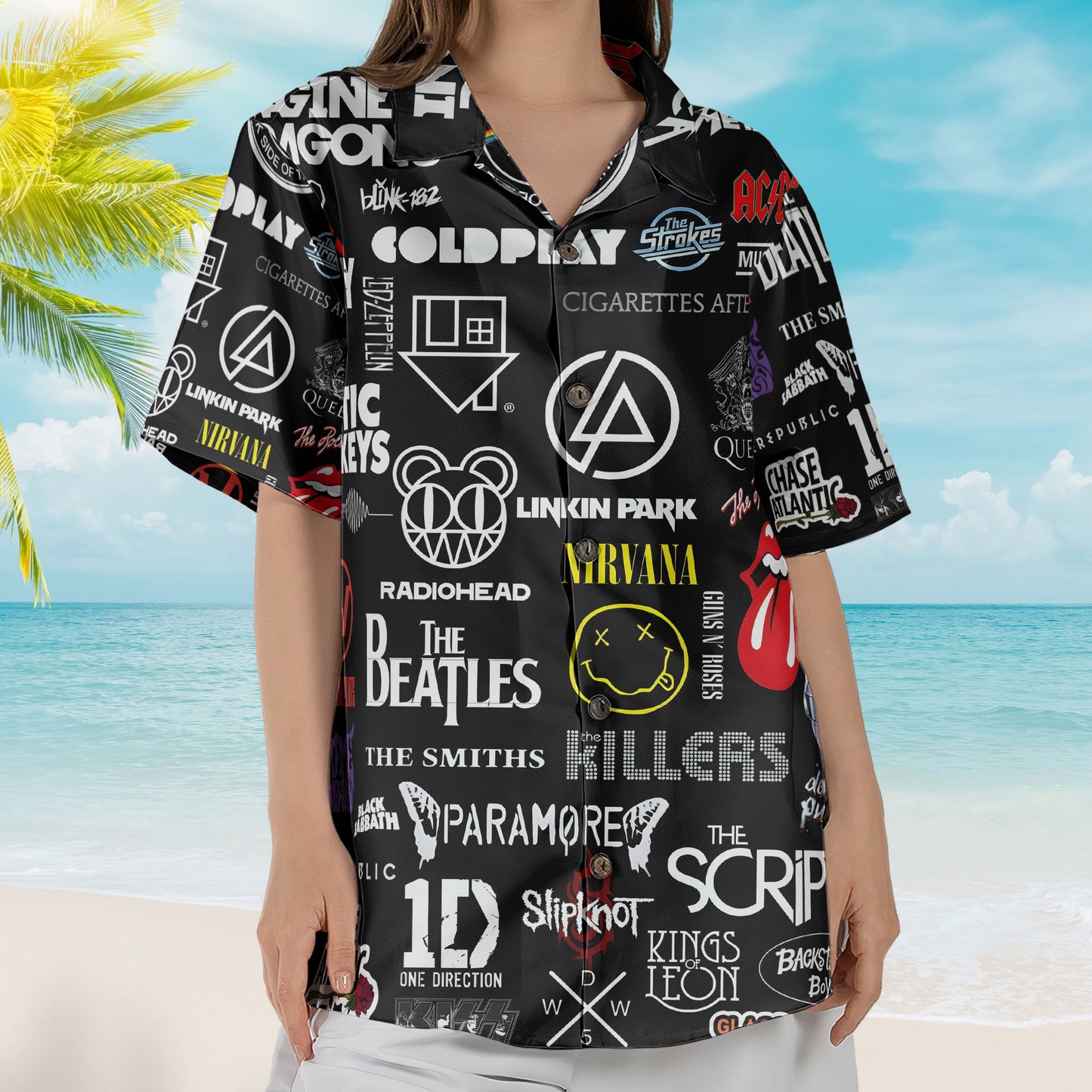 Rock Band Logo Collage Hawaiian Shirt – Unisex The Beatles The Rolling Stones Paramore Summer Button Up Shirt