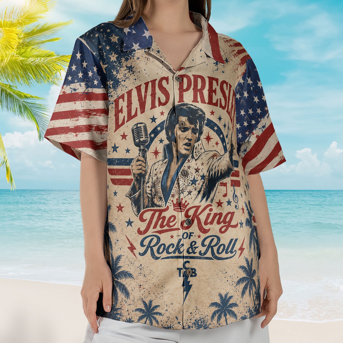 Elvis Presley Hawaiian Shirt - Unisex TCB Lightning Bolt Vintage Patriotic Stars Button Up
