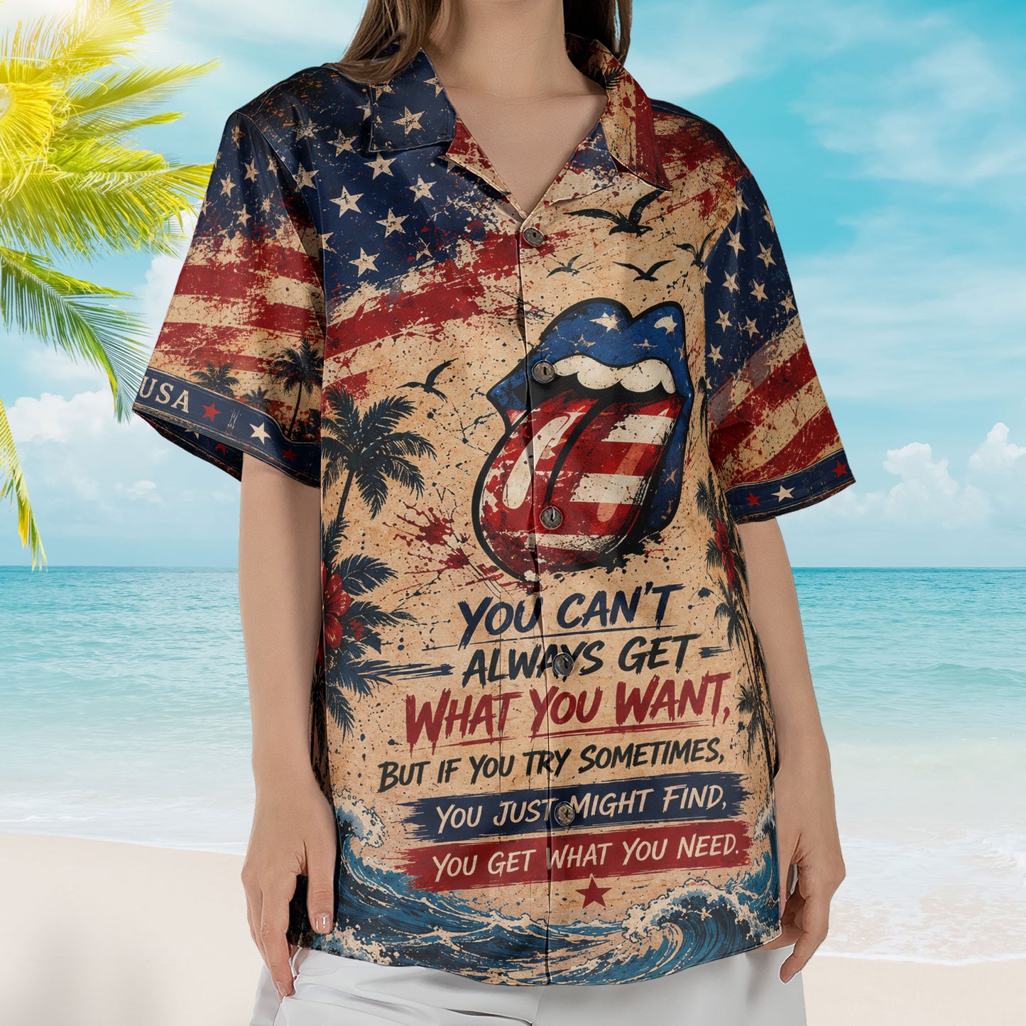 The Rolling Stones Hawaiian Shirt - Unisex Tongue And Lips American Flag Button Up