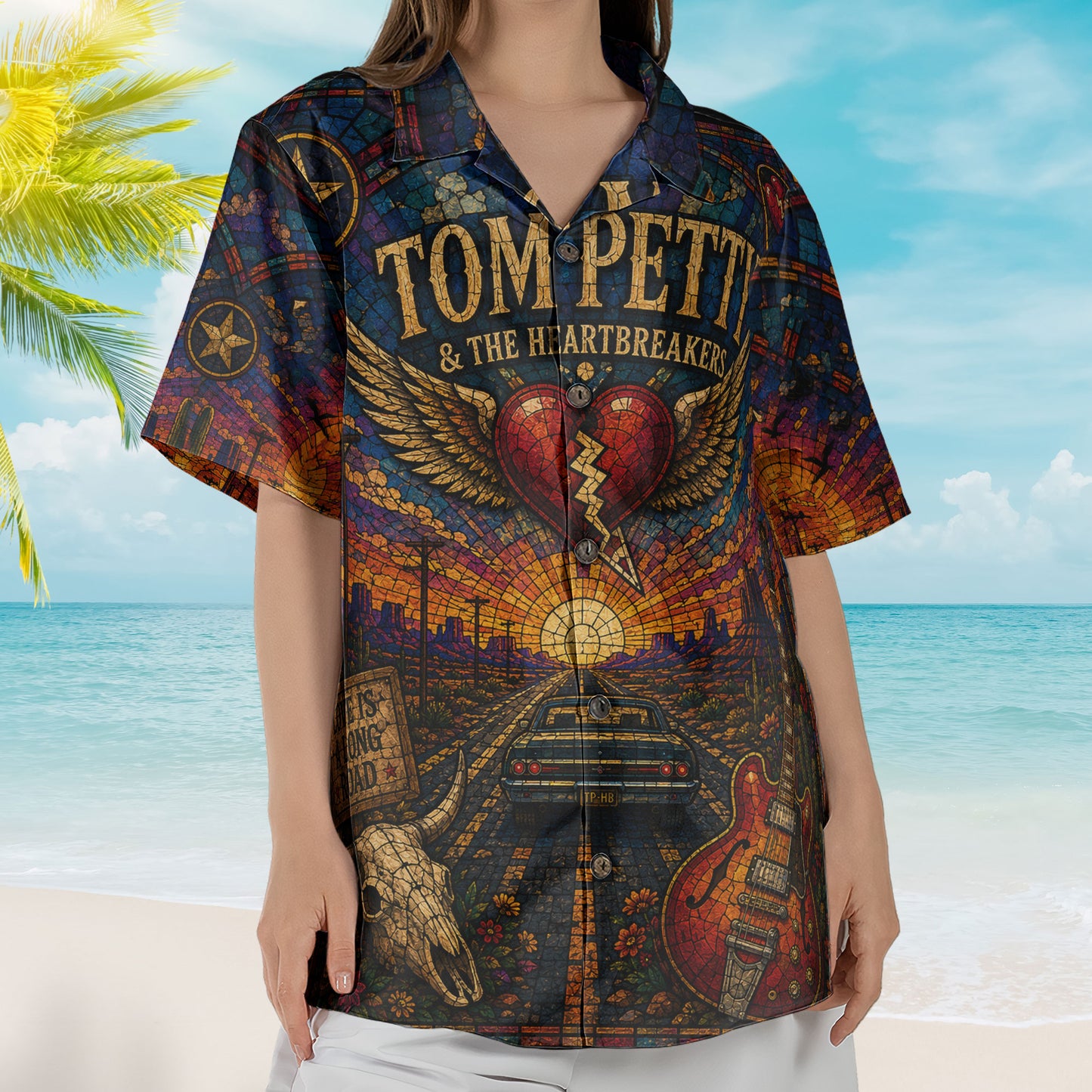 Tom Petty Stained Glass Hawaiian Shirt - Unisex The Heartbreakers Winged Heart Button Up