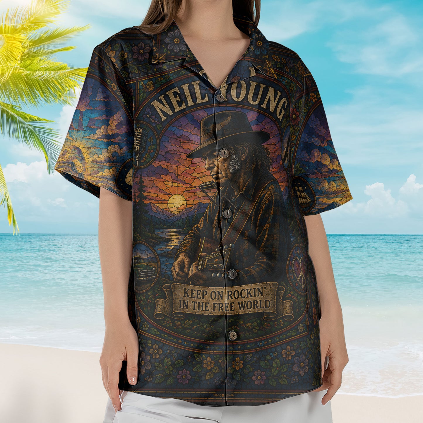 Neil Young  Stained Glass Hawaiian Shirt - Unisex Keep On Rockin In The Free World Shirt