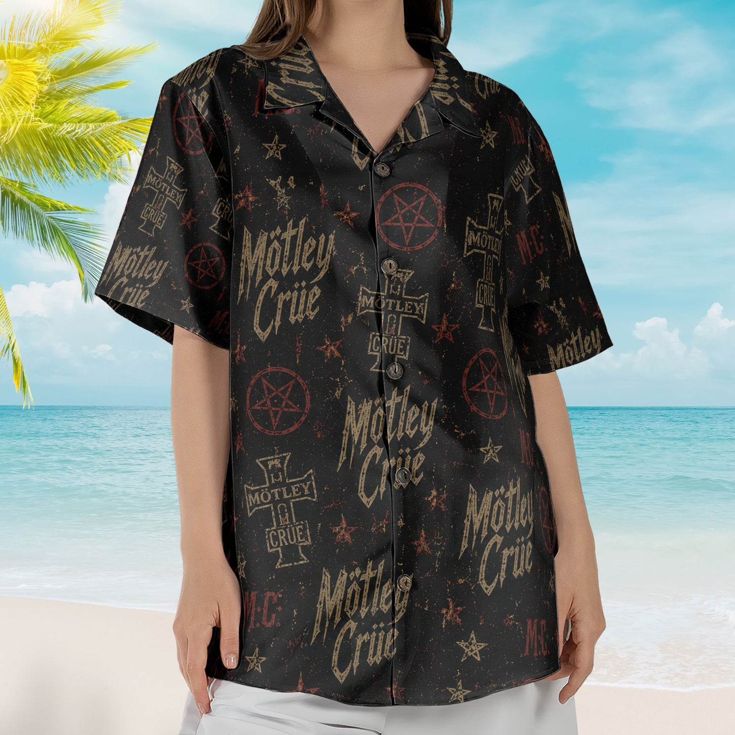 Motley Crue Hawaiian Shirt – Unisex Retro Glam Metal Pentagram Black Button Up