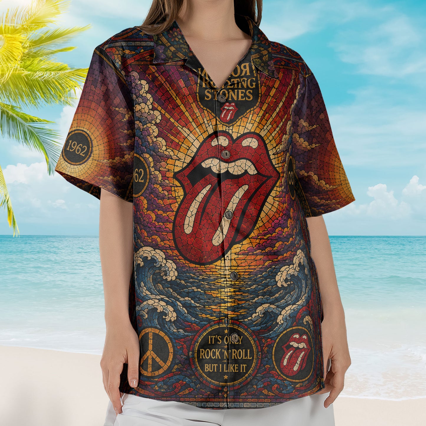 The Rolling Stones Stained Glass Hawaiian Shirt - Unisex Tongue And Lips Button Up