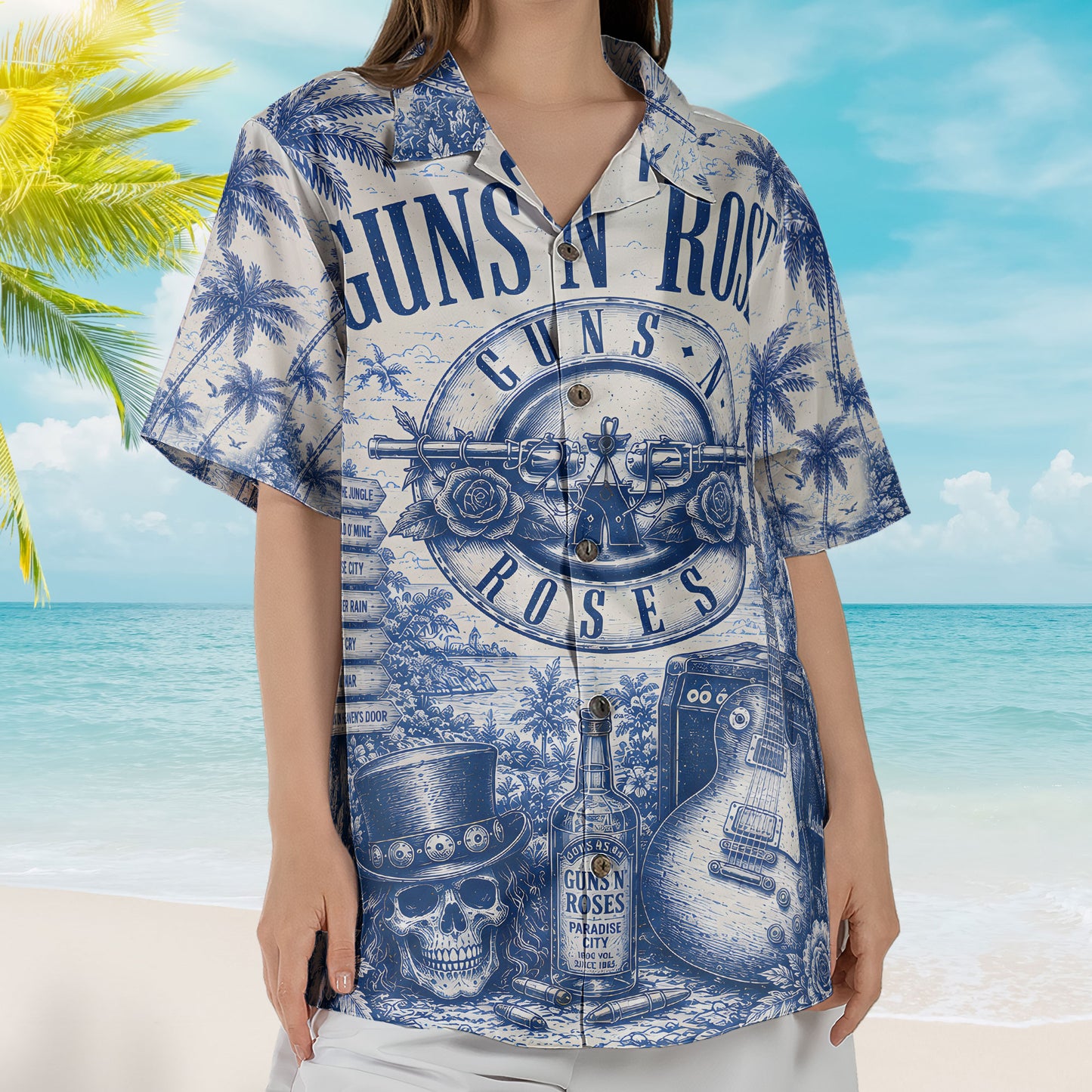 Guns N Roses Hawaiian Shirt – Unisex Retro Classic Bullet Logo Blueprint Button Up