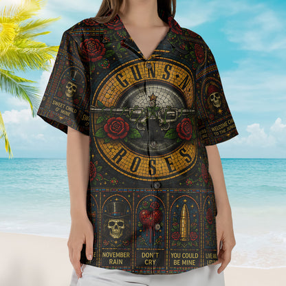 Guns N Roses Stained Glass Hawaiian Shirt - Unisex Hard Rock Bullet Logo Button Up