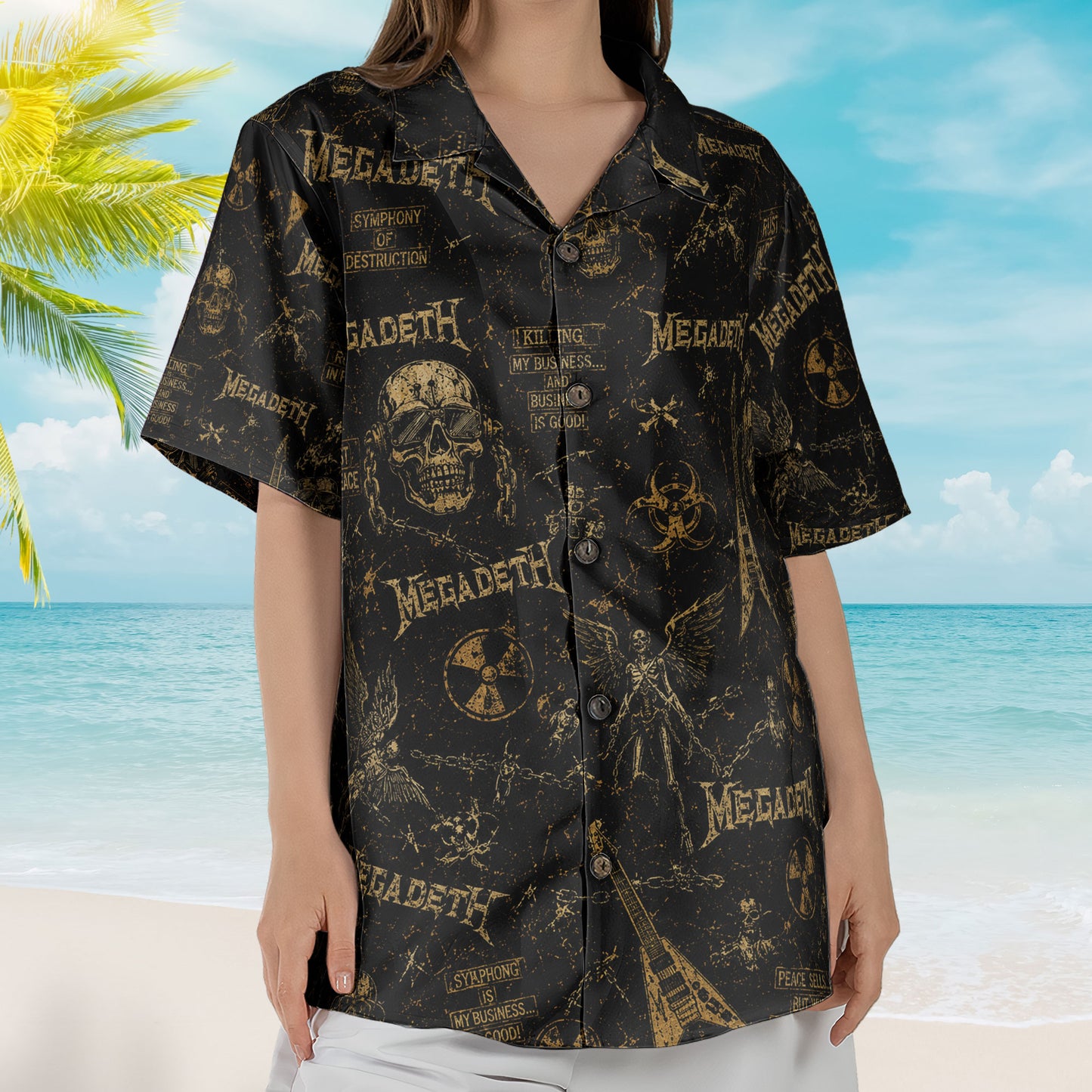 Vintage Megadeth Hawaiian Shirt - Unisex Vic Rattlehead Flying V Summer Button Up