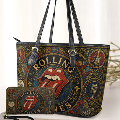 The Rolling Stones Leather Handbag, Tote Bag and Wallet Set, Vintage Stained Glass Tongue Logo Design, Classic Rock Fan Gift
