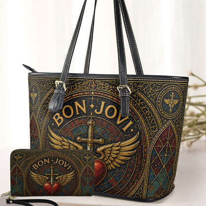 Bon Jovi Handbag, Tote Bag and Wallet Set, Stained Glass Heart and Dagger Design, Classic Rock Music Fan Gift