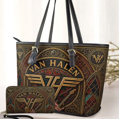 Van Halen Leather Handbag, Tote Bag and Wallet Set, Vintage Stained Glass Rock Band Design, Classic Rock Music Fan Gift