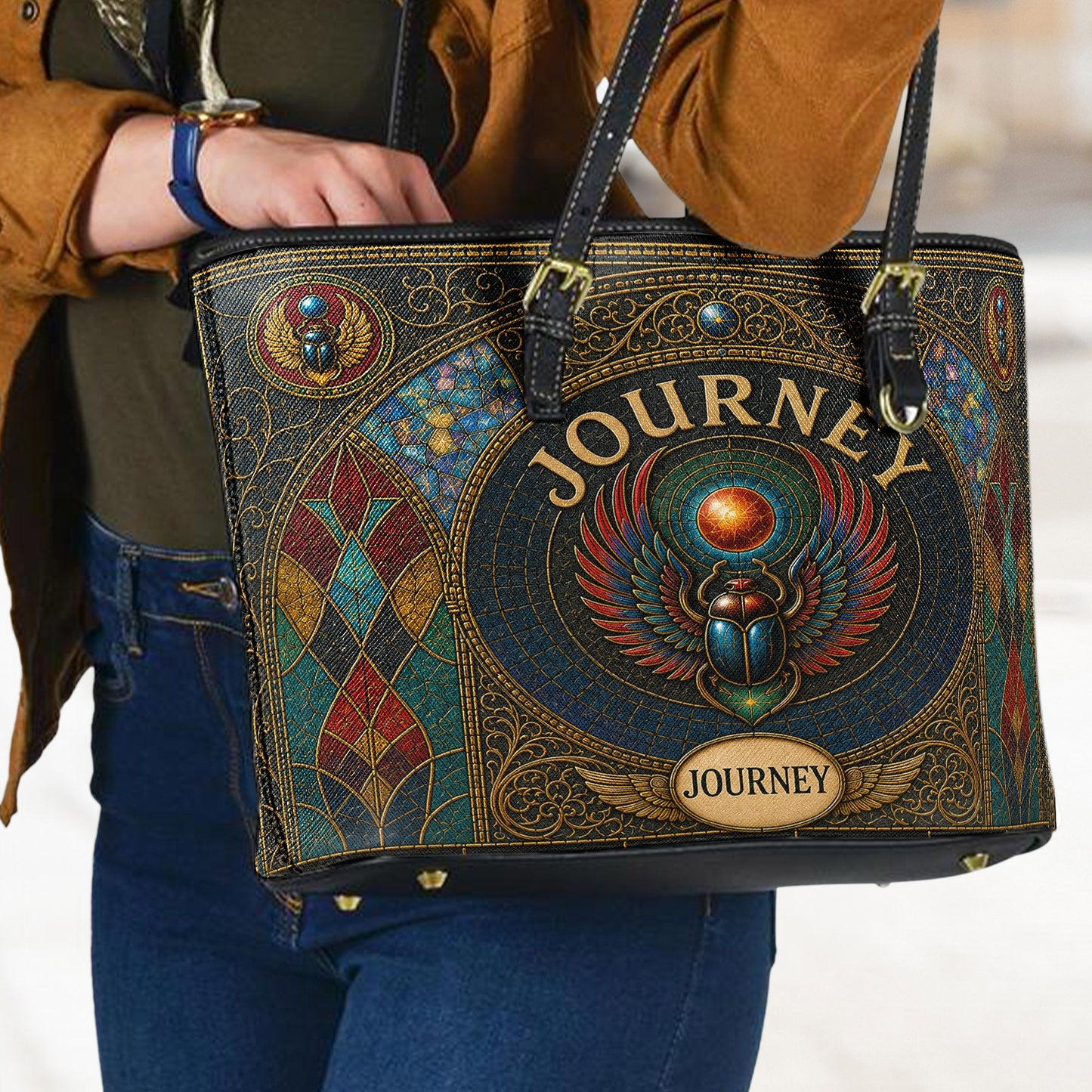 Journey Handbag, Tote Bag and Wallet Set, Stained Glass Scarab Design, Don't Stop Believin' Classic Rock Fan Gift