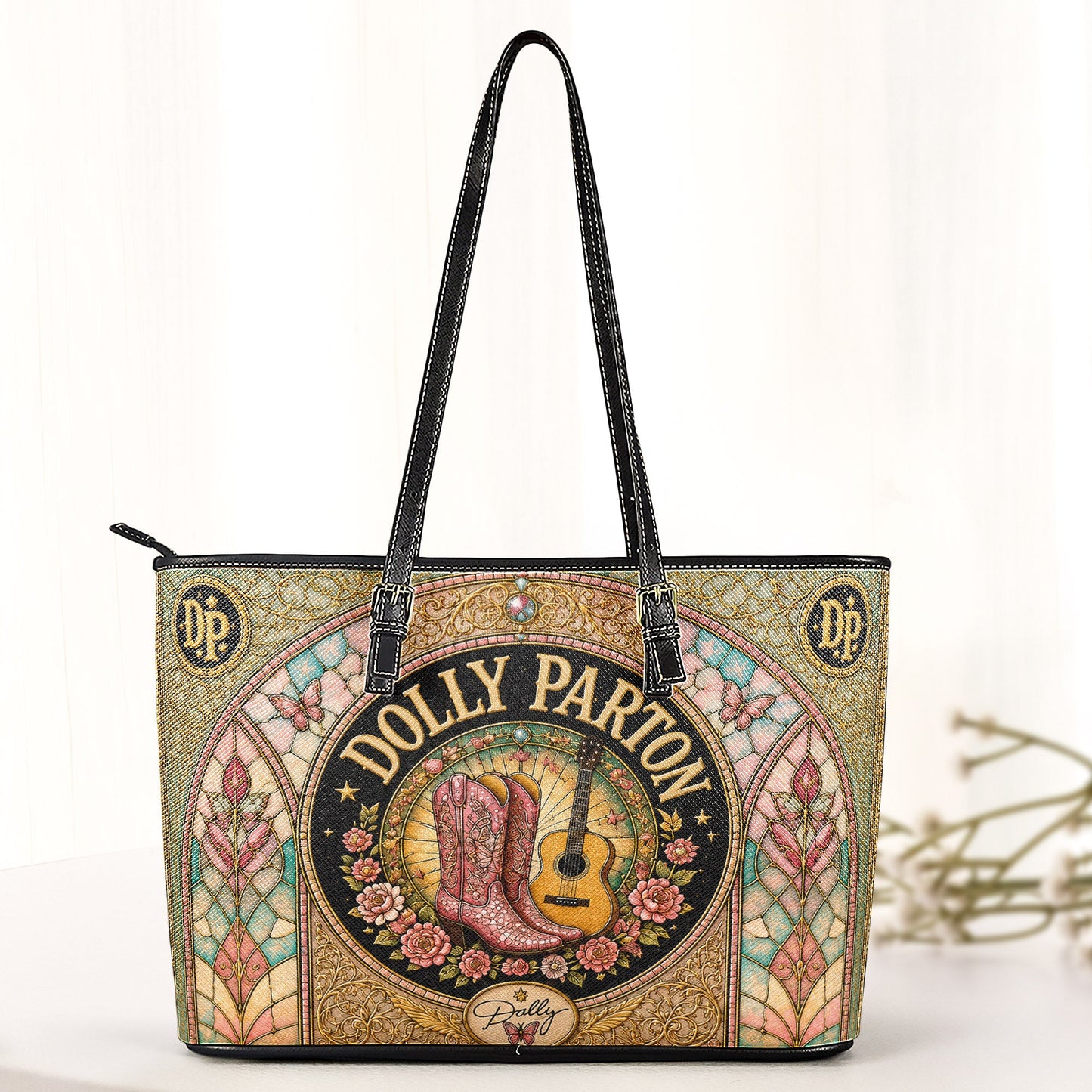 Dolly Parton Leather Handbag, Tote Bag and Wallet Set, Vintage Stained Glass Country Music Design, Cowgirl Boots Fan Gift