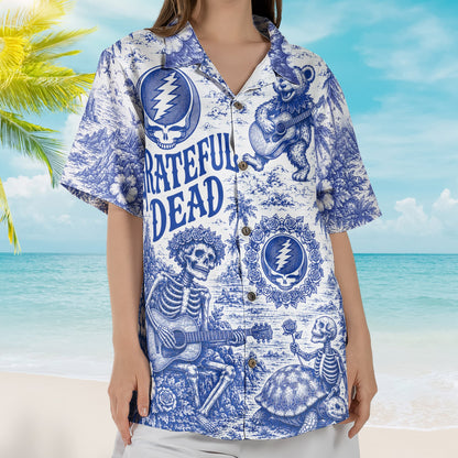 Grateful Dead Blue White Hawaiian Shirt - Unisex Vintage Terrapin Turtle Skeleton Blue Willow Button Up