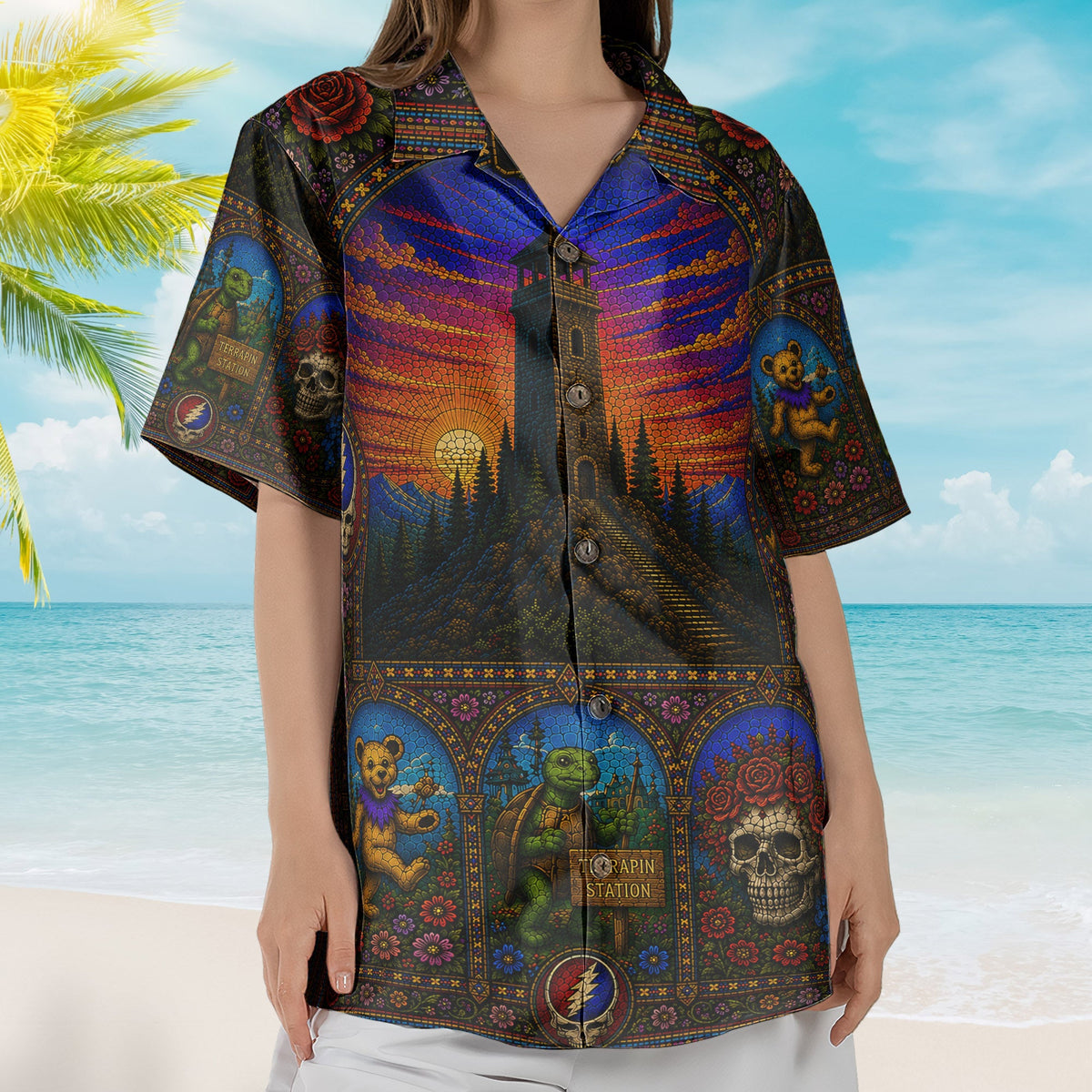 Grateful Dead Psychedelic Rock Concert Hawaiian Shirt - Unisex Gothic Stained Glass Dancing Bears Beach Button Up