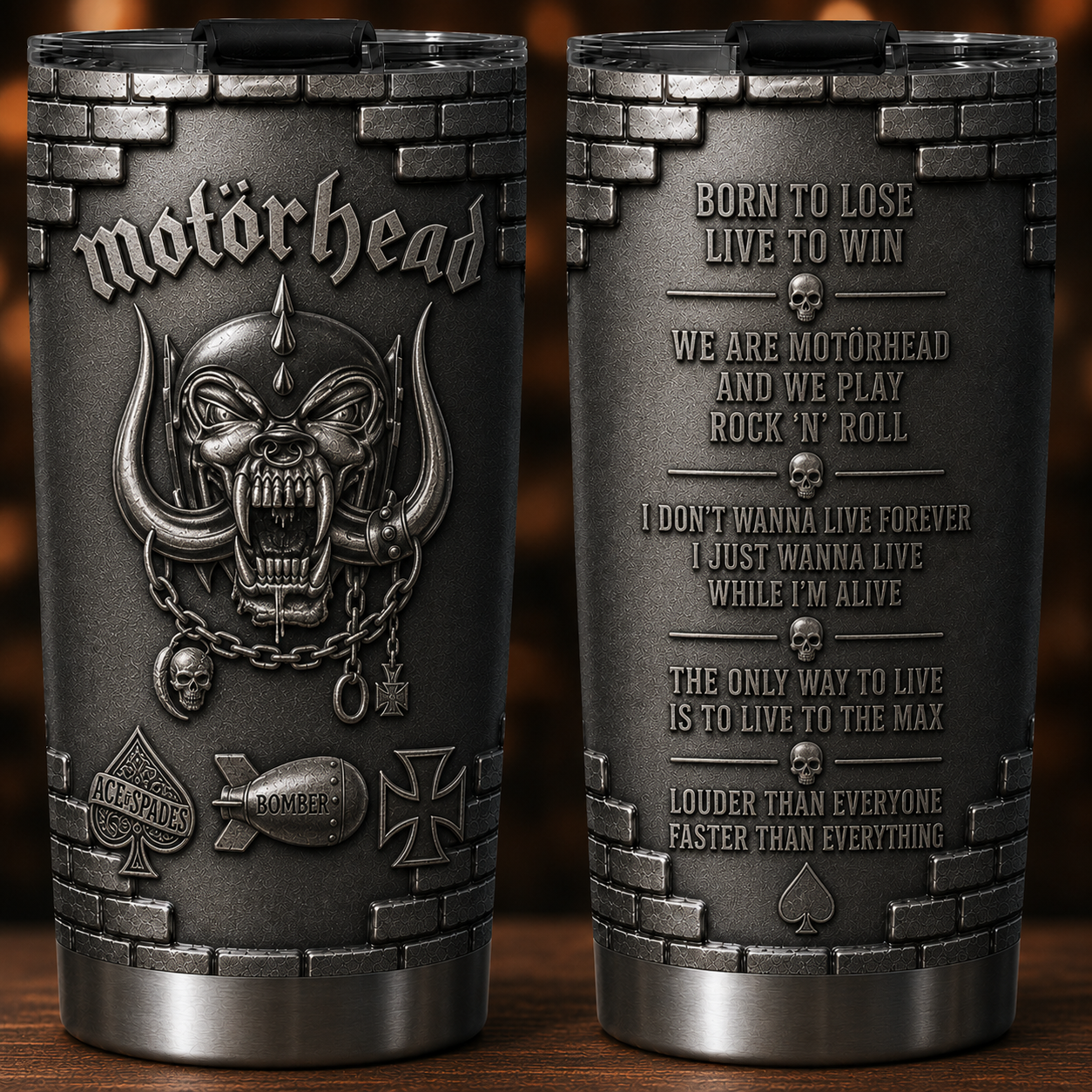 Motorhead 3D Printed Stainless Steel Tumbler - Heavy Metal Band Lyrics Travel Mug