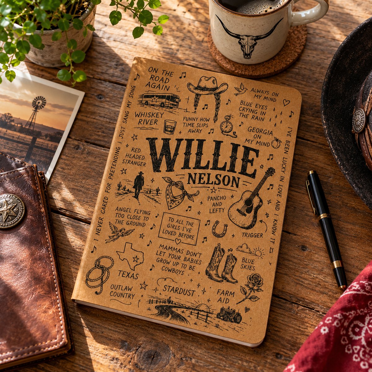 Willie Nelson Vegan Leather Journal, Willie Nelson Notebook, Outlaw Country Writing Journal, Hardcover Diary Gift for Country Music Fans