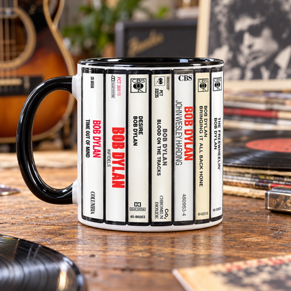 Bob Dylan Cassette Tape Mug, Folk Rock Coffee Cup, Vintage Album Collection Mug, Retro Music Lover Gift