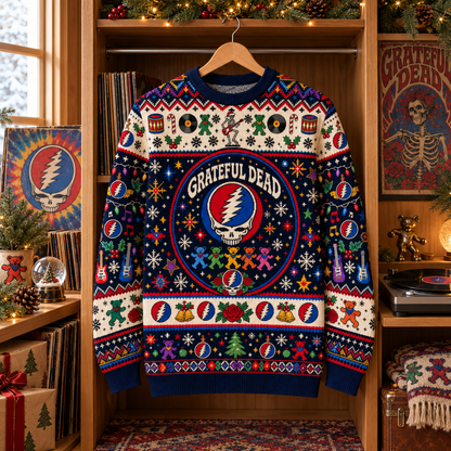 Grateful Dead Wool Christmas Sweater, Steal Your Face Holiday Knit Jumper, Dancing Bears Ugly Christmas Sweater, Deadhead Winter Gift