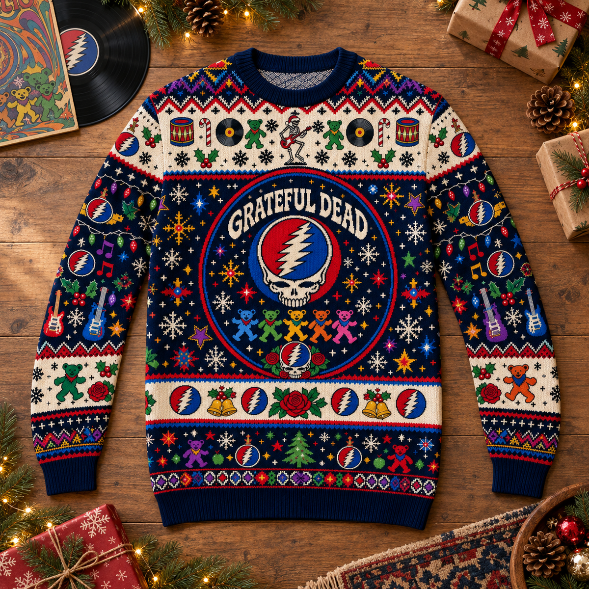 Grateful Dead Wool Christmas Sweater, Steal Your Face Holiday Knit Jumper, Dancing Bears Ugly Christmas Sweater, Deadhead Winter Gift