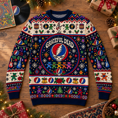 Grateful Dead Wool Christmas Sweater, Steal Your Face Holiday Knit Jumper, Dancing Bears Ugly Christmas Sweater, Deadhead Winter Gift