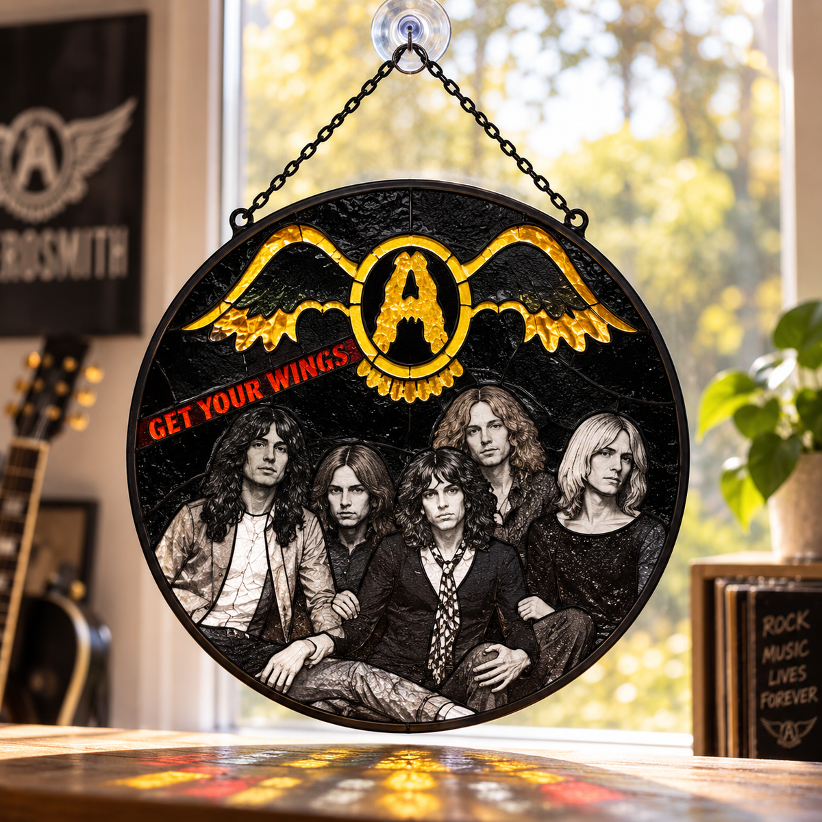 Aerosmith Suncatcher, 9 Album Stained Glass Window Hanging, Toys in the Attic Rocks Classic Rock Music Gift