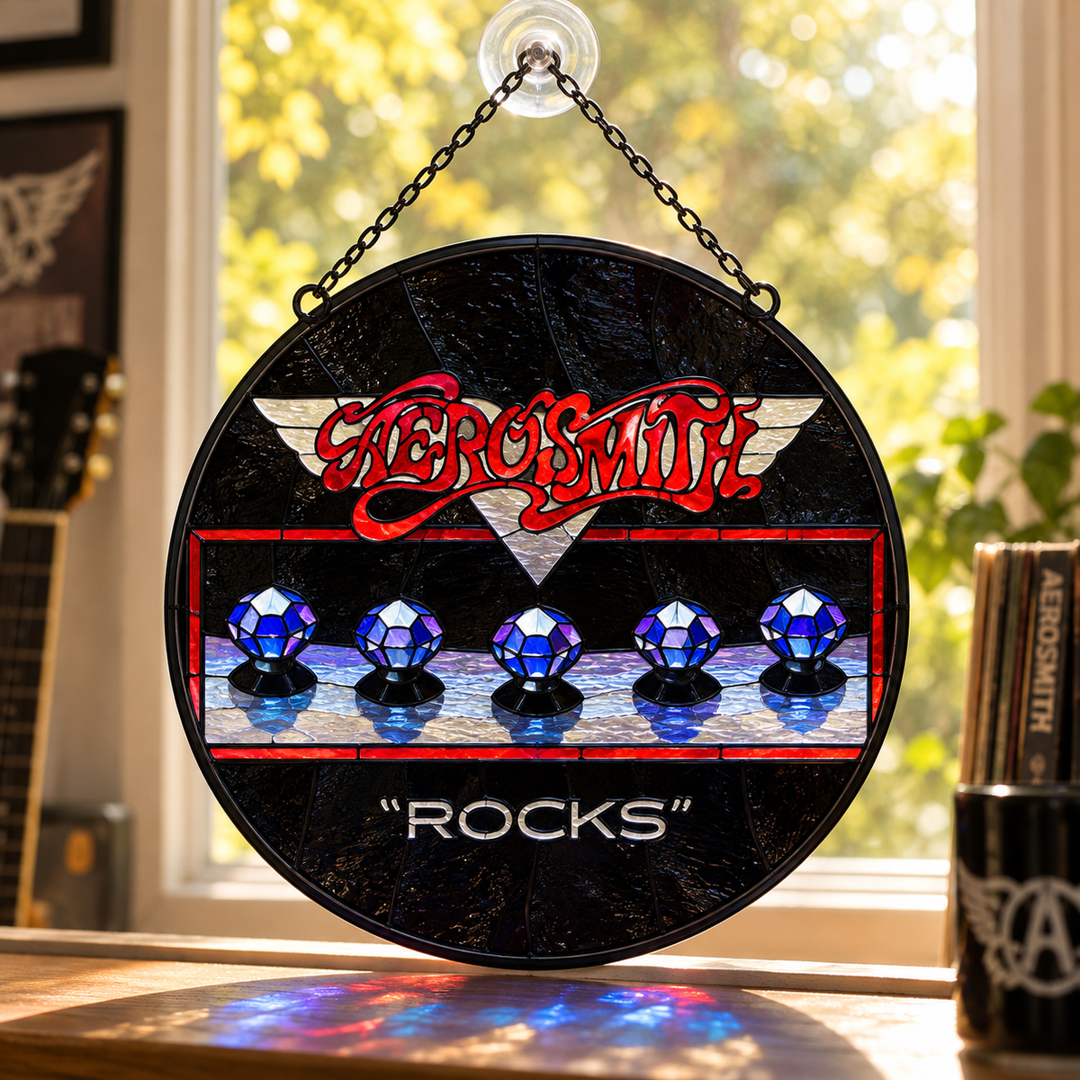 Aerosmith Suncatcher, 9 Album Stained Glass Window Hanging, Toys in the Attic Rocks Classic Rock Music Gift