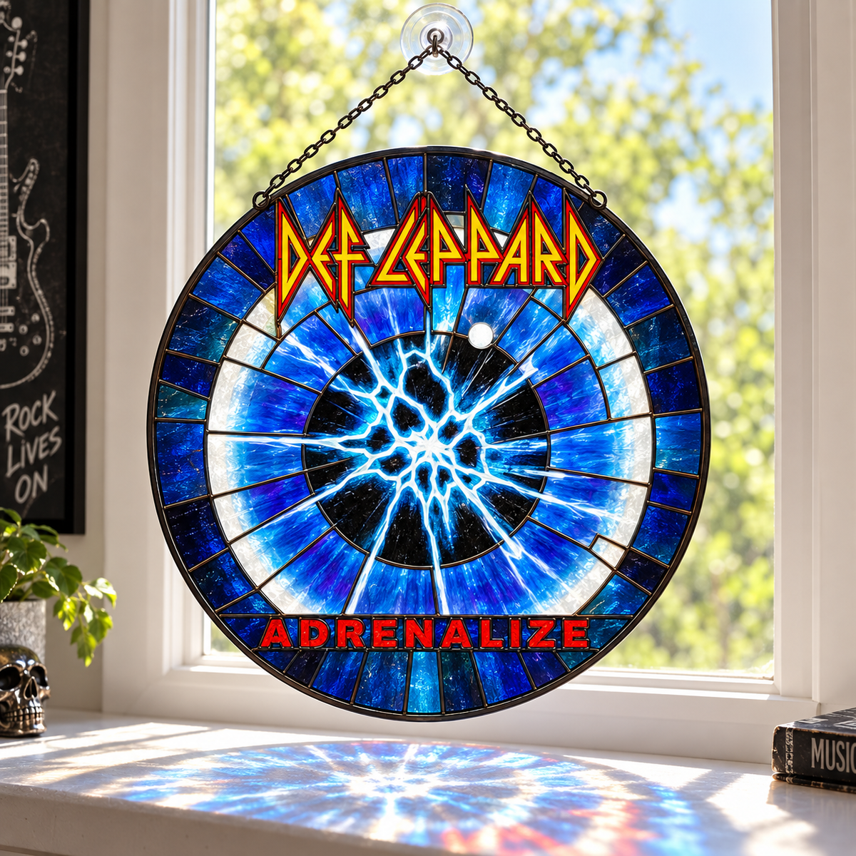 Def Leppard Suncatcher, 9 Album Stained Glass Window Hanging, Hysteria Pyromania Classic Rock Gift