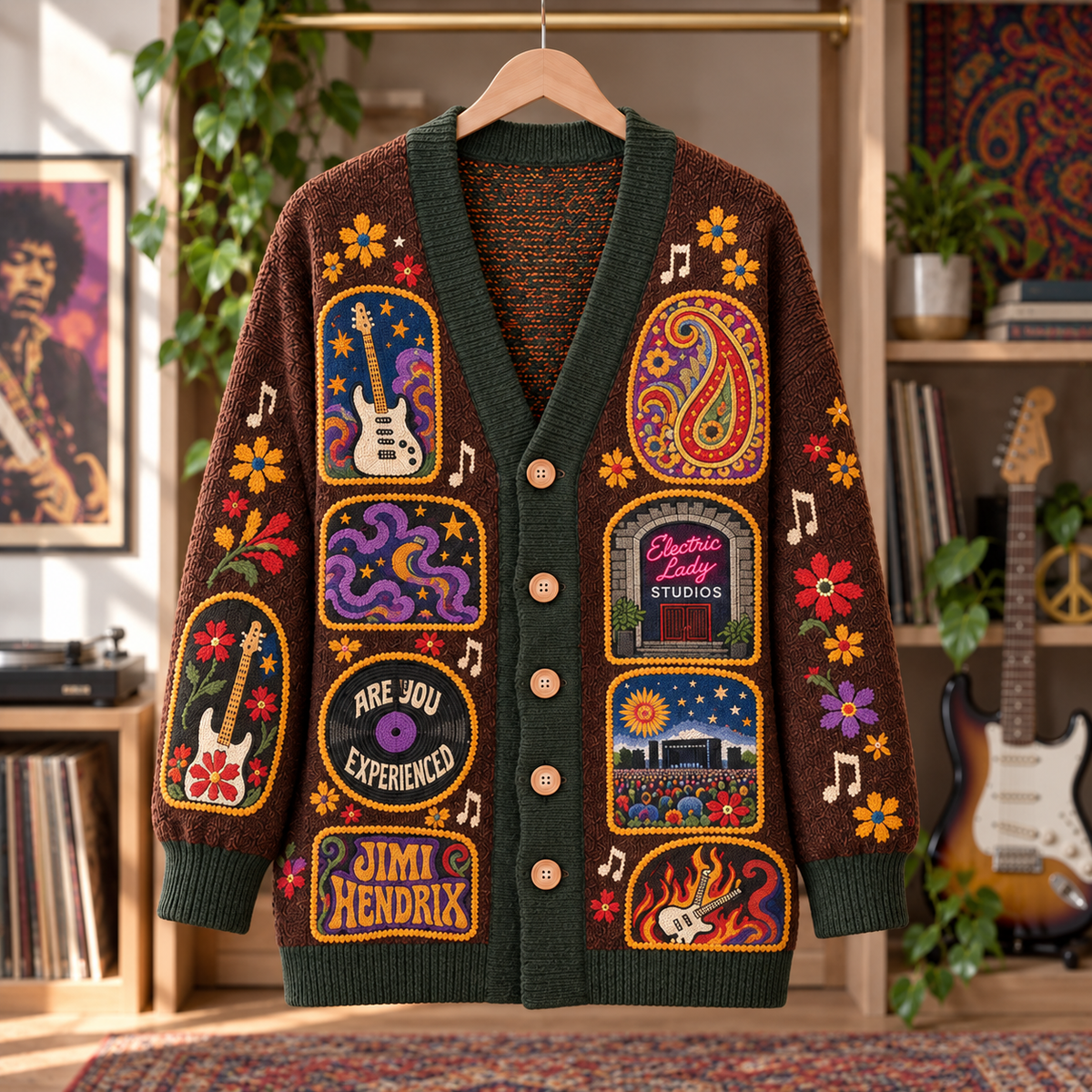 Jimi Hendrix Patchwork Cardigan, Are You Experienced Electric Lady Knit Sweater, Psychedelic Rock Vintage Cardigan Gift