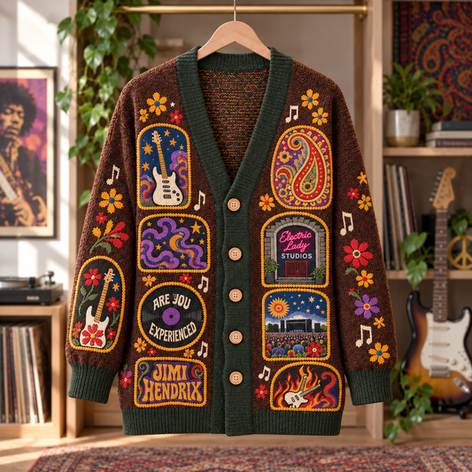 Jimi Hendrix Patchwork Cardigan, Are You Experienced Electric Lady Knit Sweater, Psychedelic Rock Vintage Cardigan Gift