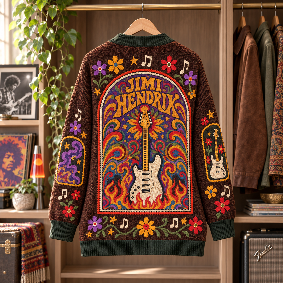 Jimi Hendrix Patchwork Cardigan, Are You Experienced Electric Lady Knit Sweater, Psychedelic Rock Vintage Cardigan Gift