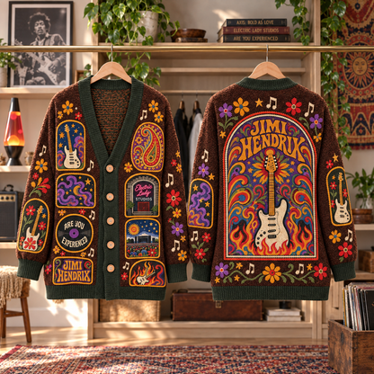 Jimi Hendrix Patchwork Cardigan, Are You Experienced Electric Lady Knit Sweater, Psychedelic Rock Vintage Cardigan Gift