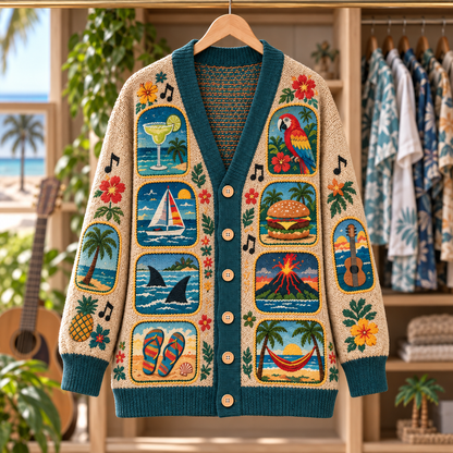 Jimmy Buffett Patchwork Cardigan, Margaritaville Tropical Knit Sweater, Parrothead Beach Music Cardigan Gift