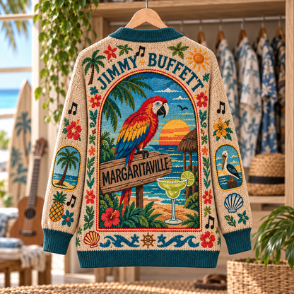 Jimmy Buffett Patchwork Cardigan, Margaritaville Tropical Knit Sweater, Parrothead Beach Music Cardigan Gift