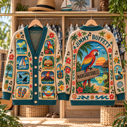 Jimmy Buffett Patchwork Cardigan, Margaritaville Tropical Knit Sweater, Parrothead Beach Music Cardigan Gift