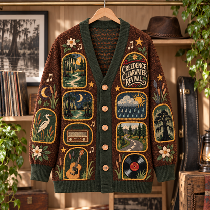 Creedence Clearwater Revival Patchwork Cardigan, CCR Bayou Country Knit Sweater, Vintage Swamp Rock Cardigan Gift