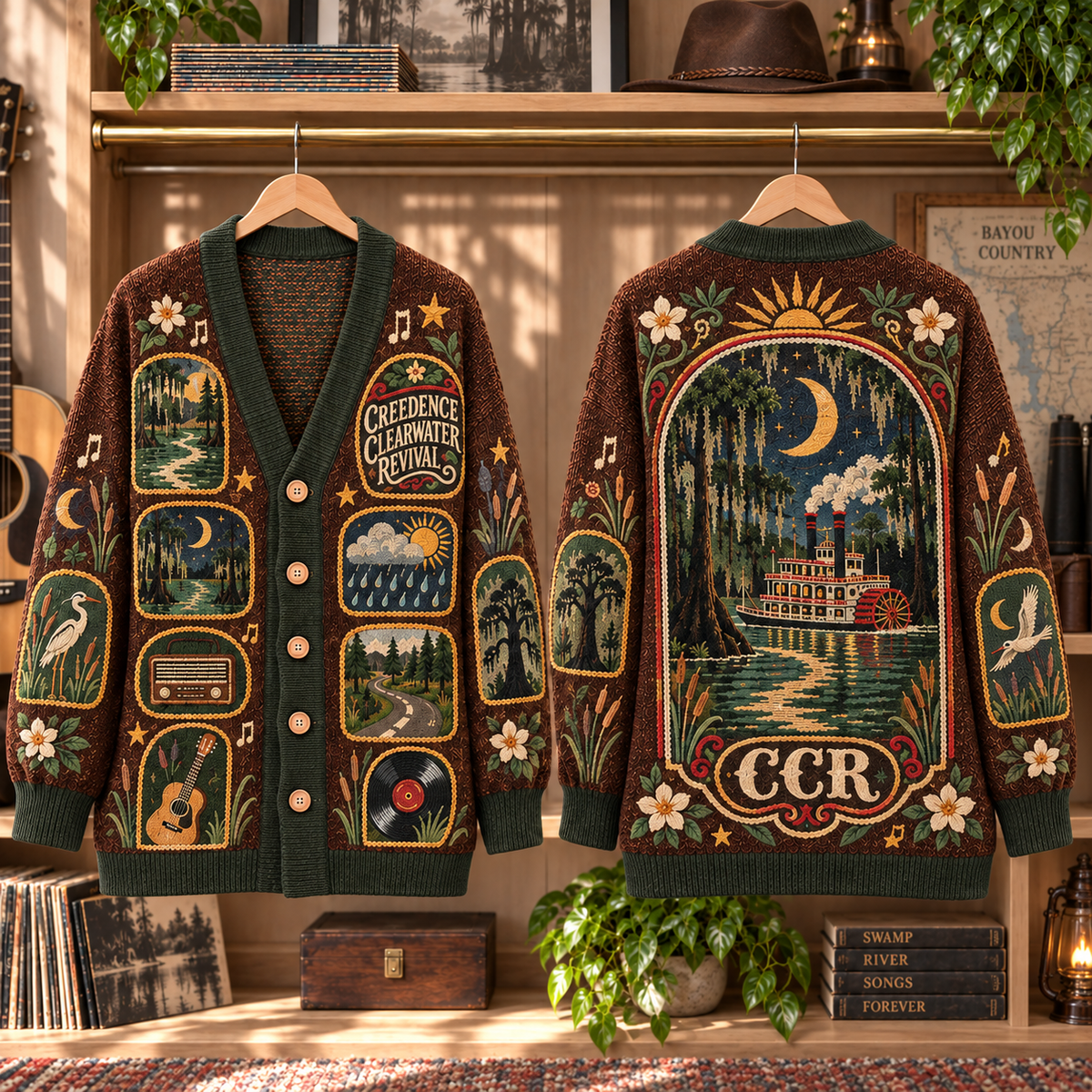 Creedence Clearwater Revival Patchwork Cardigan, CCR Bayou Country Knit Sweater, Vintage Swamp Rock Cardigan Gift