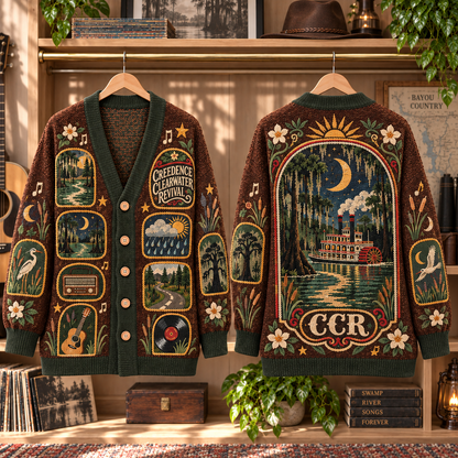 Creedence Clearwater Revival Patchwork Cardigan, CCR Bayou Country Knit Sweater, Vintage Swamp Rock Cardigan Gift