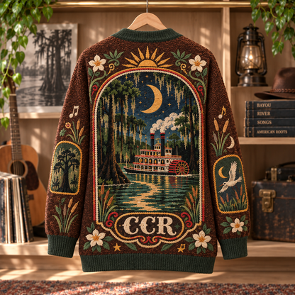 Creedence Clearwater Revival Patchwork Cardigan, CCR Bayou Country Knit Sweater, Vintage Swamp Rock Cardigan Gift
