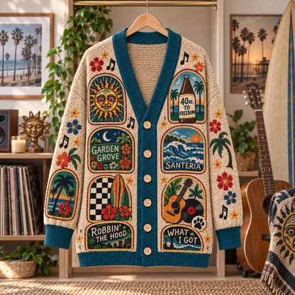 Sublime Patchwork Cardigan, 40oz to Freedom Santeria What I Got Knit Sweater, Vintage Ska Punk Surf Cardigan Gift