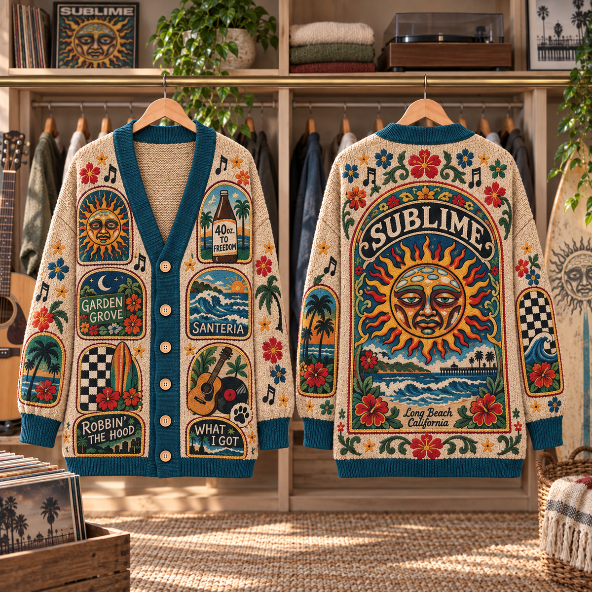 Sublime Patchwork Cardigan, 40oz to Freedom Santeria What I Got Knit Sweater, Vintage Ska Punk Surf Cardigan Gift