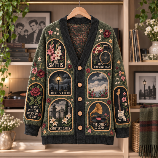 The Smiths Patchwork Cardigan, This Charming Man There Is a Light Knit Sweater, Vintage Floral Indie Rock Cardigan Gift