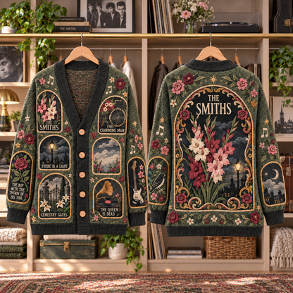 The Smiths Patchwork Cardigan, This Charming Man There Is a Light Knit Sweater, Vintage Floral Indie Rock Cardigan Gift
