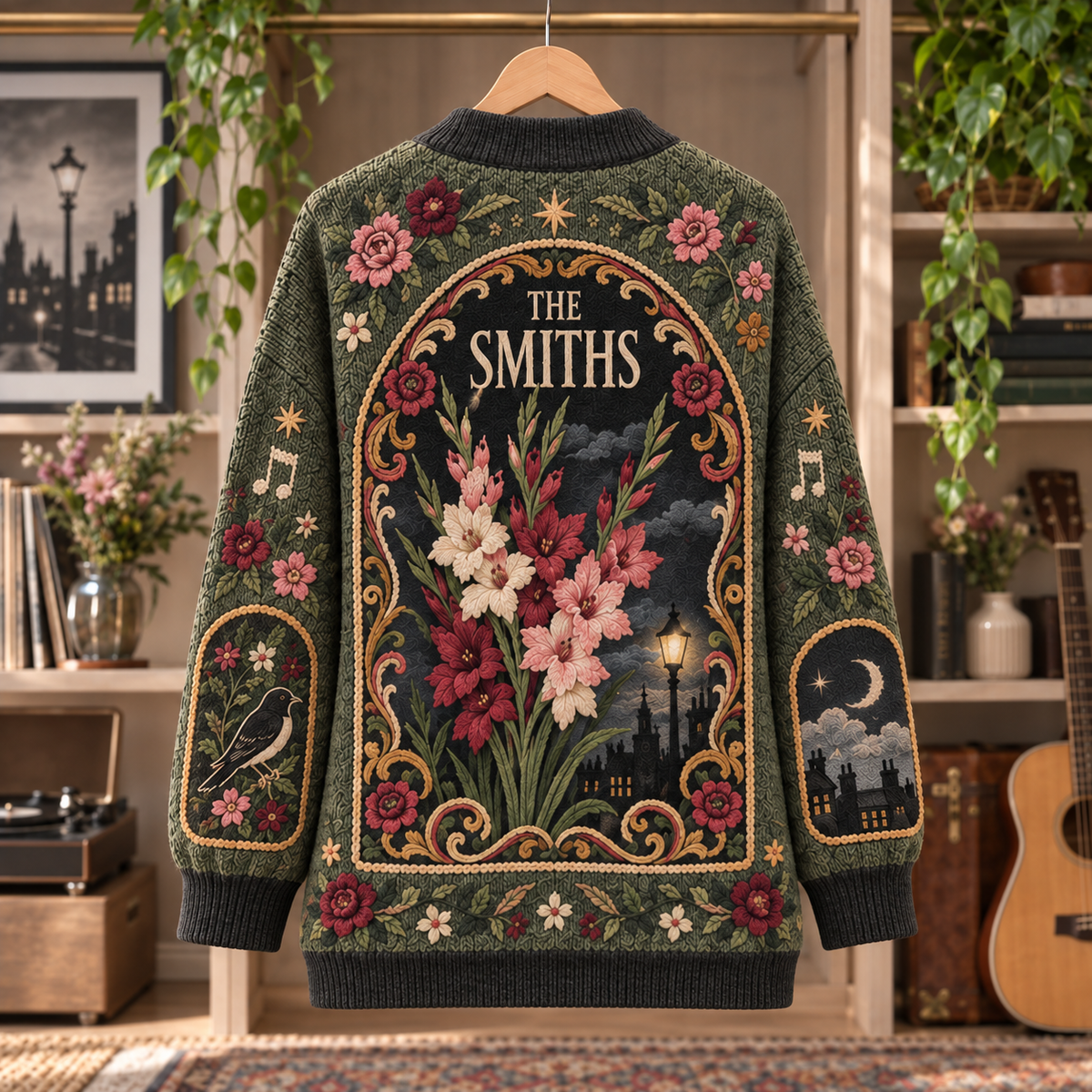 The Smiths Patchwork Cardigan, This Charming Man There Is a Light Knit Sweater, Vintage Floral Indie Rock Cardigan Gift