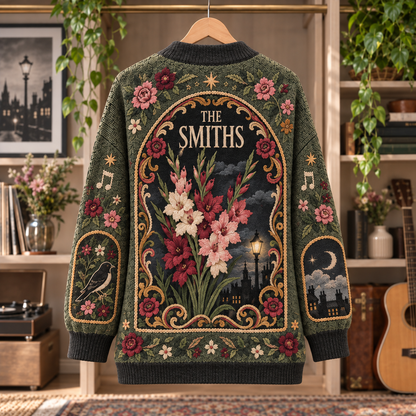 The Smiths Patchwork Cardigan, This Charming Man There Is a Light Knit Sweater, Vintage Floral Indie Rock Cardigan Gift