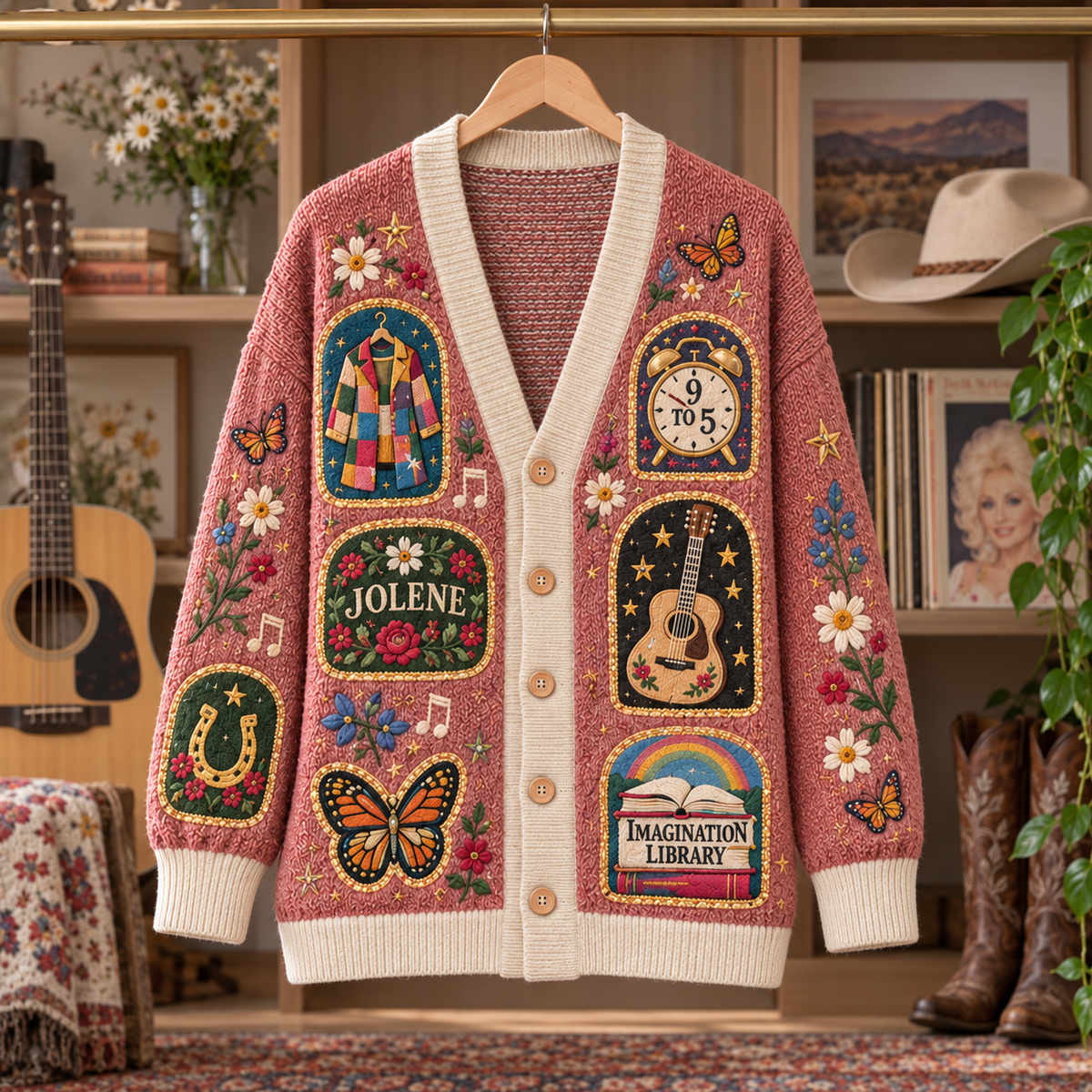 Dolly Parton Patchwork Cardigan, Jolene 9 to 5 Butterfly Knit Sweater, Country Music Floral Cardigan Gift