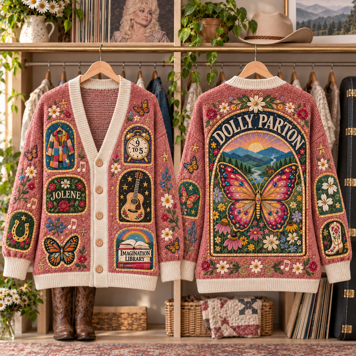 Dolly Parton Patchwork Cardigan, Jolene 9 to 5 Butterfly Knit Sweater, Country Music Floral Cardigan Gift