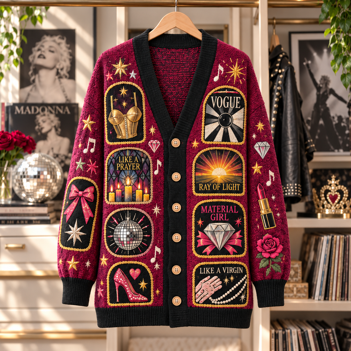 Madonna Patchwork Cardigan, Vogue Like a Prayer Material Girl Knit Sweater, Vintage Pop Icon Cardigan Gift