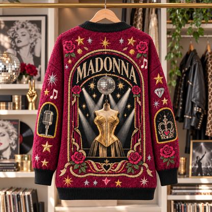 Madonna Patchwork Cardigan, Vogue Like a Prayer Material Girl Knit Sweater, Vintage Pop Icon Cardigan Gift