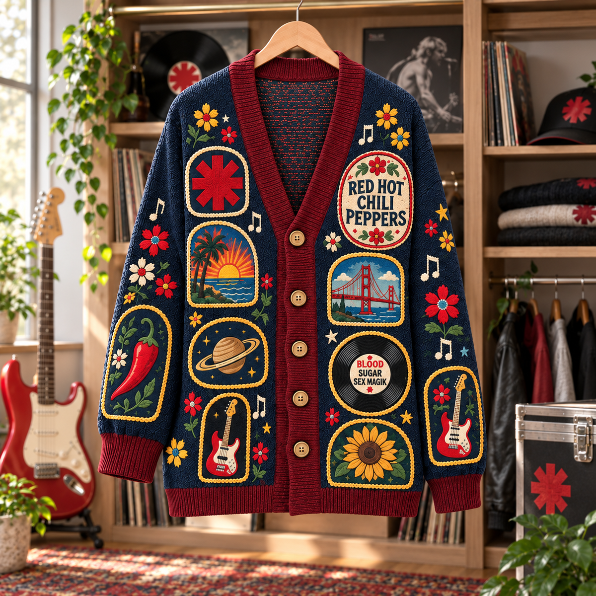 Red Hot Chili Peppers Patchwork Cardigan, Blood Sugar Sex Magik Knit Sweater, Vintage Alternative Rock Cardigan Gift